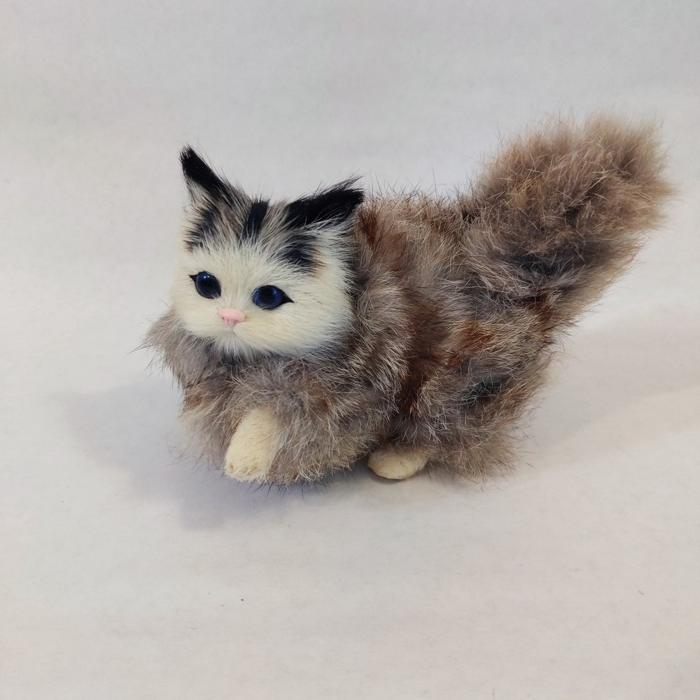 Vintage Realistic Rabbit Fur Mini Cat Figurine Blue Eyes Fluffy Kitten Grey